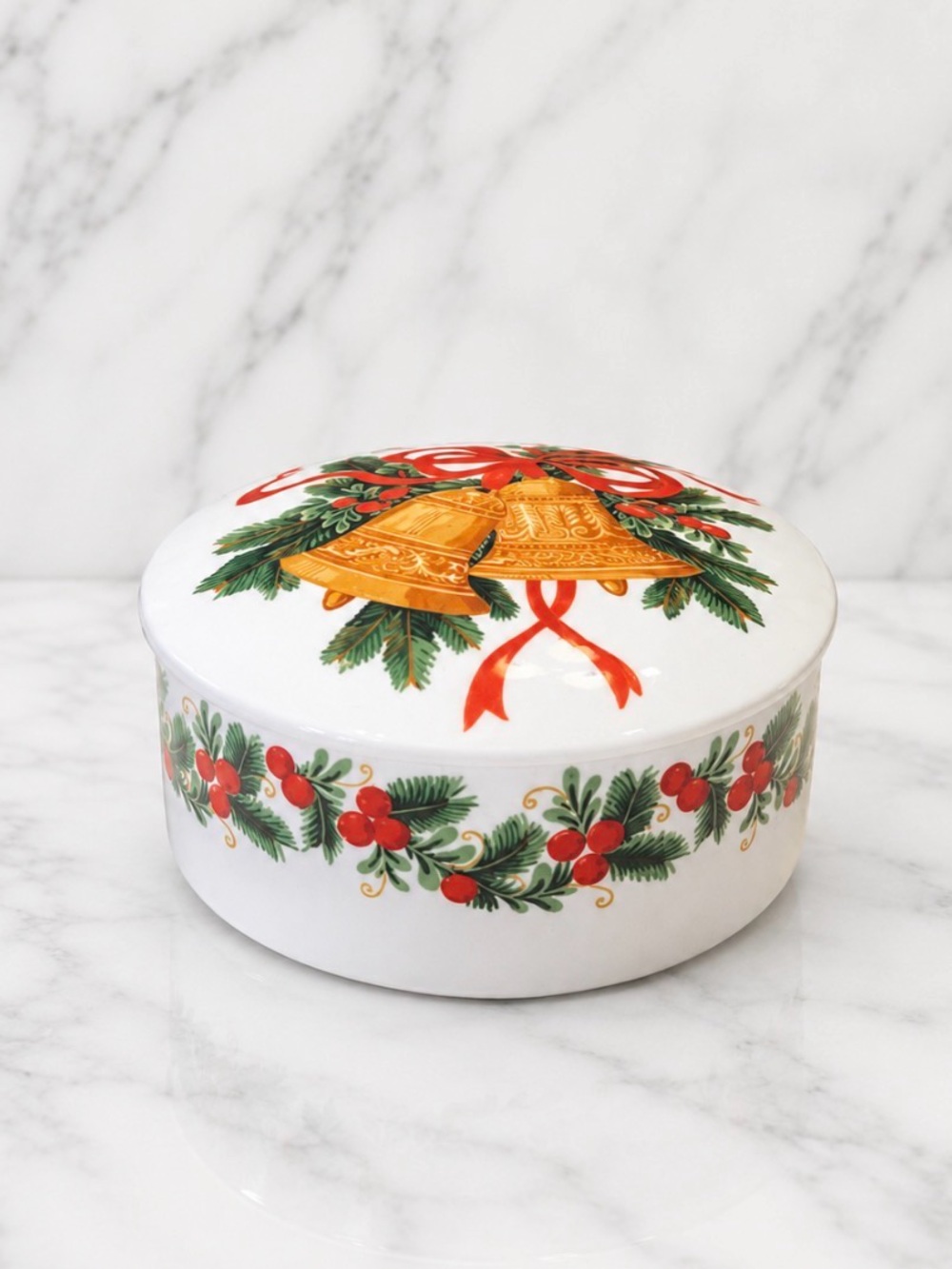 Vintage Mikasa "Bells of Holly" porcelain lidded trinket box or candy dish